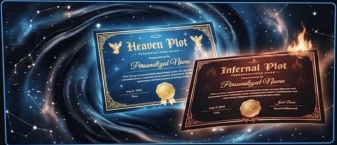 Side-by-side mockup of the personalized Heaven and Hell deed certificates
